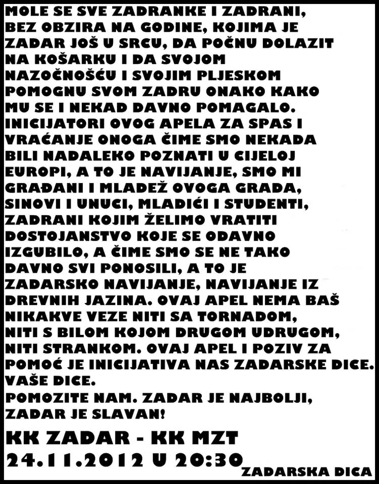 Mladi navijači poručili: Mi smo Zadrani, Zadar je naš! Vidimo se na utakmici Zadra i MZT-a