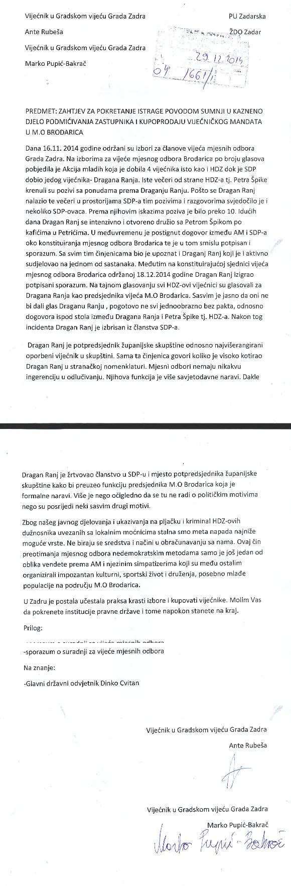 Pupić Bakrač i Rubeša prijavili Dragana Ranja zbog “kupoprodaje mandata”