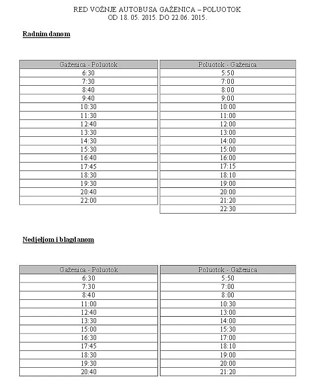 Raspored autobusne linije Gaženica – Poluotok