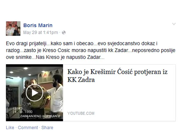 VIDEO: Boro Poštar objavio ekskluzivni video – “Kako je Krešimir Ćosić protjeran iz KK Zadar”