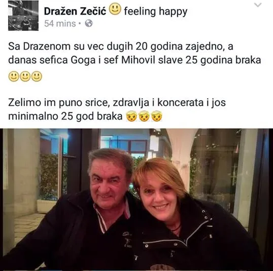Zečićevi fanovi na facebooku čestitali godišnjicu braka zadarskim glazbenicima Gogi i Mihovilu